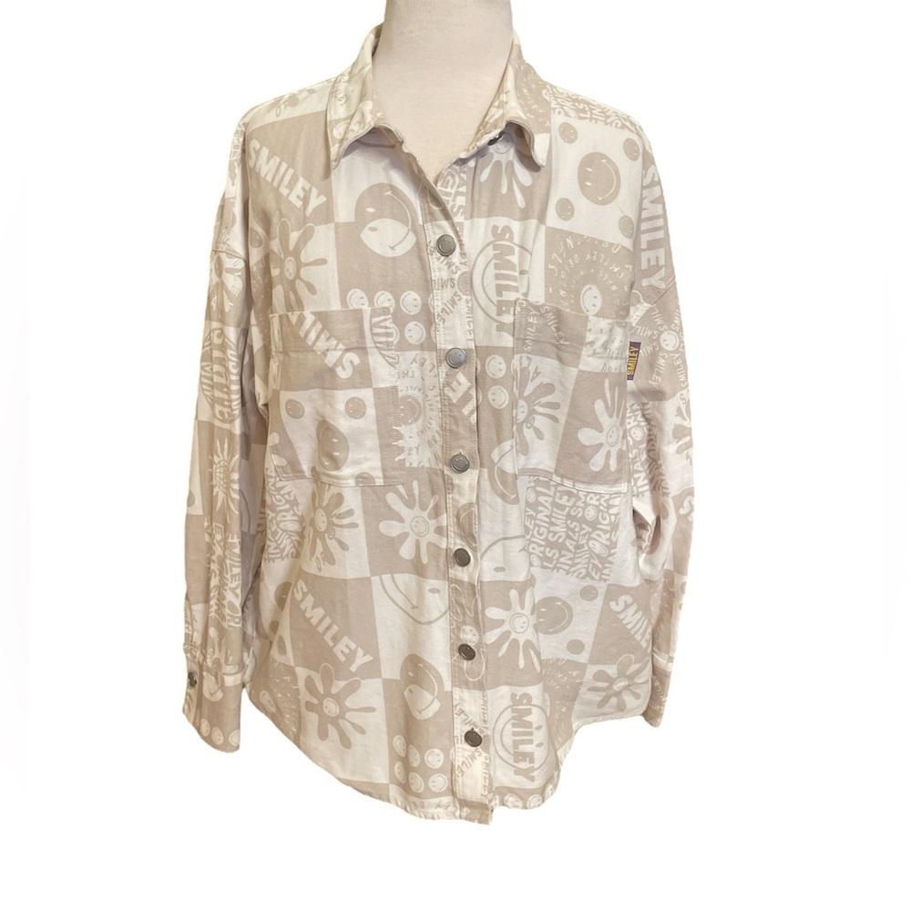 Smiley x H&M Jacket Graphic Relaxed Fit Streetwear Women's S Tan Beige Shacket - Picture 2 of 10